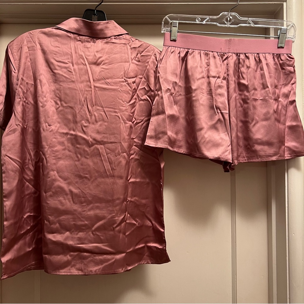 True Religion Pink Stretch Satin Boxer Pajamas with Notch Collar Button down Top - Picture 6 of 16